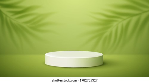 White product podium and tropical palm leaves shadow on green background. Background for product presentation. Vector illustration EPS10