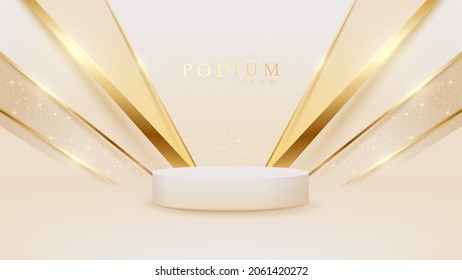 White product show podium with golden diagonal line and sparkling glittering light effects elements