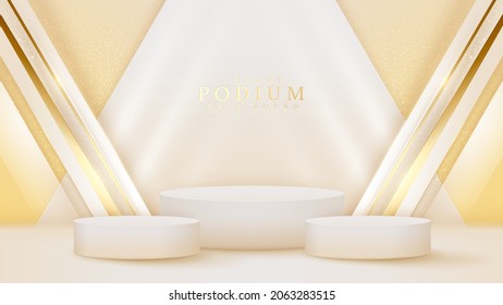 White product show podium with golden diagonal line and sparkling glittering light effects elements, Luxury banner scene design.