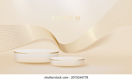 White product show podium with golden curve line and glitter light effects elements