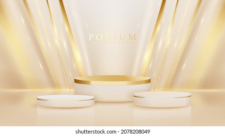 White product show podium on elegant cream color stage background with diagonal golden line elements and glitter effect.