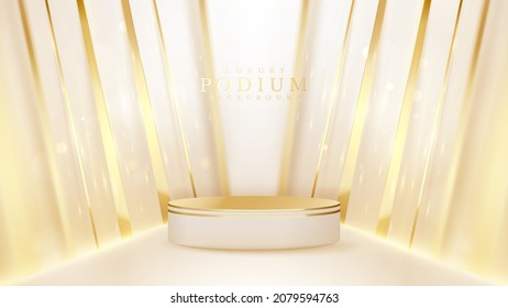 White product show podium on elegant cream color stage background with diagonal golden line elements and glitter effect.