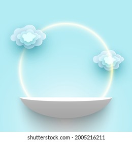 White products display platform. Exhibition stand with clouds. Blank pedestal. Shelf. Vector illustration.