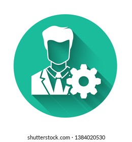 White Profile settings icon isolated with long shadow. User setting icon. Profile Avatar with cogwheel sign. Account icon. Male person silhouette. Green circle button. Vector Illustration