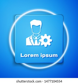 White Profile settings icon isolated on blue background. User setting icon. Profile Avatar with cogwheel. Account icon. Male person silhouette. Blue square button. Vector Illustration