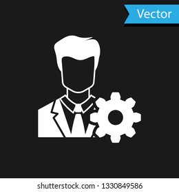 White Profile settings icon on black background. User setting icon. Profile Avatar with cogwheel sign. Account icon. Male person silhouette. Vector Illustration