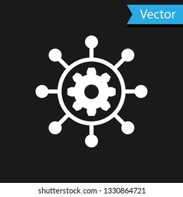 White Project management icon isolated on black background. Hub and spokes and gear solid icon. Vector Illustration
