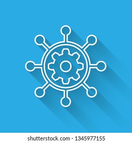 White Project management icon isolated with long shadow. Hub and spokes and gear solid icon. Vector Illustration