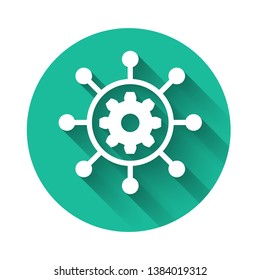 White Project management icon isolated with long shadow. Hub and spokes and gear solid icon. Green circle button. Vector Illustration