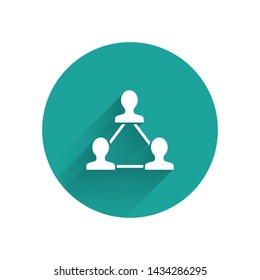 White Project team base icon isolated with long shadow. Business analysis and planning, consulting, team work, project management. Developers. Green circle button. Vector Illustration