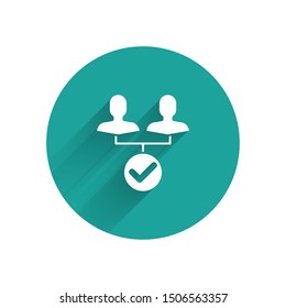 White Project team base icon isolated with long shadow. Business analysis and planning, consulting, team work, project management. Green circle button. Vector Illustration