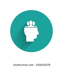 White Project team base icon isolated with long shadow. Business analysis and planning, consulting, team work, project management. Green circle button. Vector Illustration