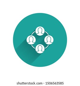 White Project team base icon isolated with long shadow. Business analysis and planning, consulting, team work, project management. Green circle button. Vector Illustration