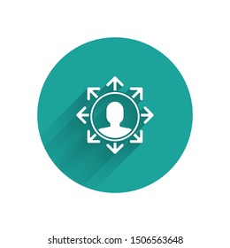 White Project team base icon isolated with long shadow. Business analysis and planning, consulting, team work, project management. Green circle button. Vector Illustration