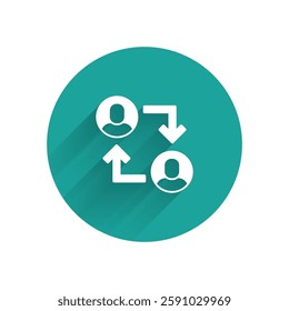 White Project team base icon isolated with long shadow. Business analysis and planning, consulting, team work, project management. Green circle button. Vector