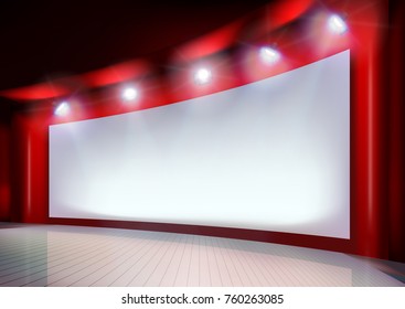 Pantalla blanca de proyección en el escenario. Ilustración vectorial.