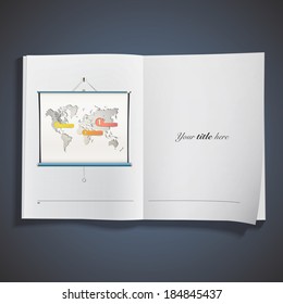 White projector screen with world map printed over white book. Vector design.