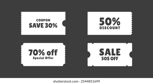 White promotion coupon design. Discount coupon, gift voucher, ticket card, special coupon template. Vector illustration