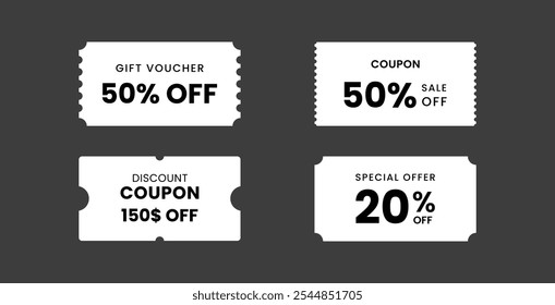 White promotion coupon design. Discount coupon, gift voucher, ticket card, special coupon template. Vector illustration