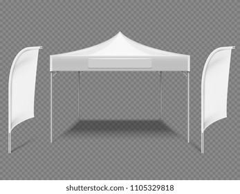 White promotional advertising outdoor event tent with beach flags. 3d realistic vector mock up isolated on transparent background. Illustration of marquee folding, tent outdoor