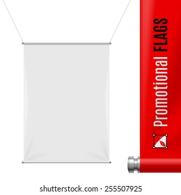 White promotional flag hanging on threads on a gray background