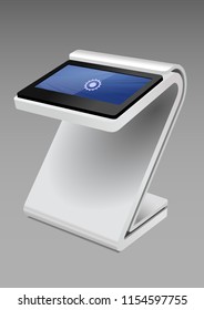 White Promotional Interactive Information Kiosk Terminal Stand Touch Screen Display. Mock Up Template.