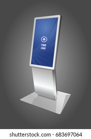 White Promotional Interactive Information Kiosk Terminal Stand Touch Screen Display. Mock Up Template.
