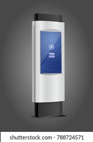White Promotional Interactive Information Kiosk Terminal Stand Touch Screen Display. Mock Up Template.