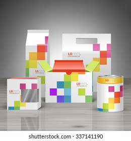 White promotional package design for corporate identity with color square pattern. Stationery set