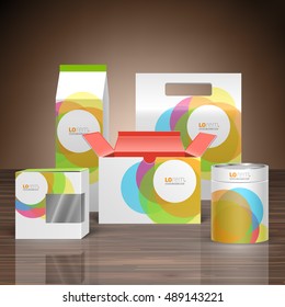 White promotional package design for corporate identity with color round elements. Stationery set