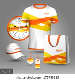 White promotional souvenirs design for company with orange geometric lines. Elements of stationery.