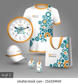 White promotional souvenirs design for company with blue cogwheels and details of mechanism. Elements of stationery.