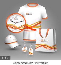 White promotional souvenirs design for company with red and yellow waves and stripes. Elements of stationery.