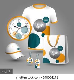 White promotional souvenirs design for company with blue and orange circles. Elements of stationery.