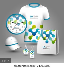 White promotional souvenirs design for company with blue and green geometric pattern. Elements of stationery.