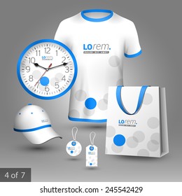 White promotional souvenirs design for corporate identity with blue and gray circles. Stationery set