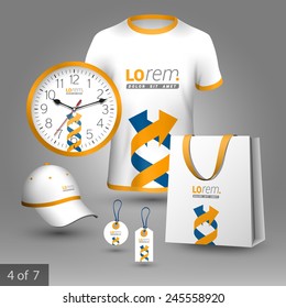 White promotional souvenirs design for corporate identity with blue and yellow arrows in the form of DNA. Stationery set