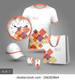 White promotional souvenirs design for corporate identity with red and purple geometric elements. Stationery set