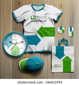 White promotional souvenirs design for corporate identity with blue and green arrows. Stationery set