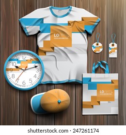 White promotional souvenirs design for corporate identity with blue and orange geometric lines. Stationery set