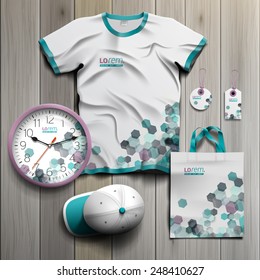 White promotional souvenirs design for corporate identity with gray and green geometric elements. Stationery set