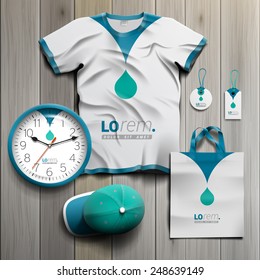 White promotional souvenirs design for corporate identity with blue drop. Stationery set