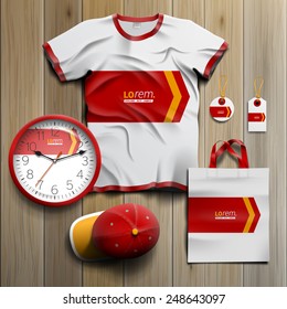 White promotional souvenirs design for corporate identity with red arrow. Stationery set