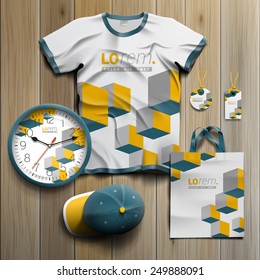 White promotional souvenirs design for corporate identity with yellow cubes. Stationery set