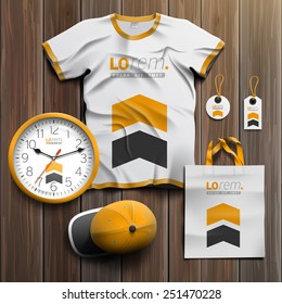 White promotional souvenirs design for corporate identity with yellow and black arrows. Stationery set