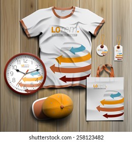 White promotional souvenirs design for corporate identity with sphere and color arrows. Stationery set