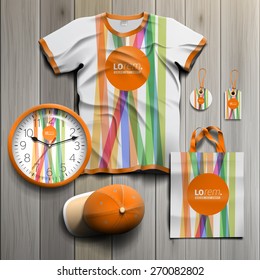 White promotional souvenirs design for corporate identity with color lines and orange shape. Stationery set