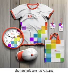 White promotional souvenirs design for corporate identity with color square pattern. Stationery set