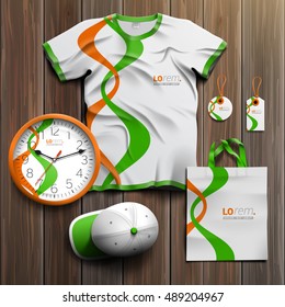 White promotional souvenirs design for corporate identity with orange and green stripes. Stationery set