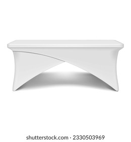 White promotional table with blank stretch cross over cover for brand design realistic vector mockup. Portable exhibition counter mock-up. Trade show display stand template